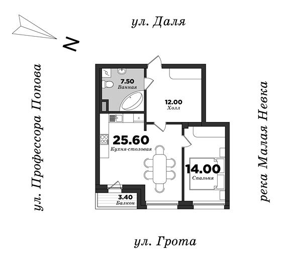 Дом на улице Грота, Корпус 1, 1 спальня, 60.66 м² | планировка элитных квартир Санкт-Петербурга | М16